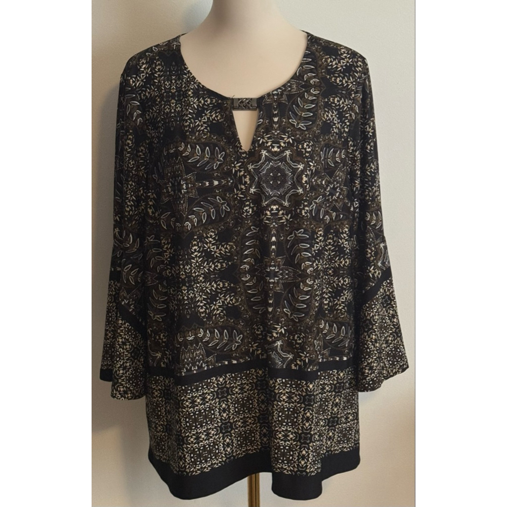 Women's Zac & Rachel Tunic 1X Black Brown Floral Bell Sleeve